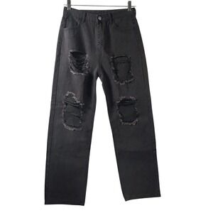 Black Distressed‎ Ripped Jeans Women's Size S Wide Leg Baggy Denim Pants